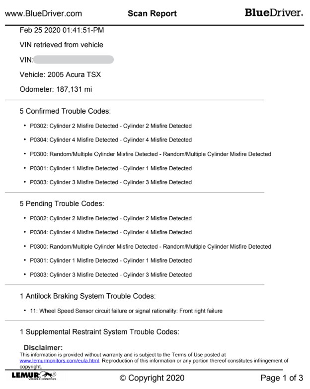 BlueDriver OBD2 Scanner PDF Report Header Showing Vehicle Information and Scan Date for Honda CR-V