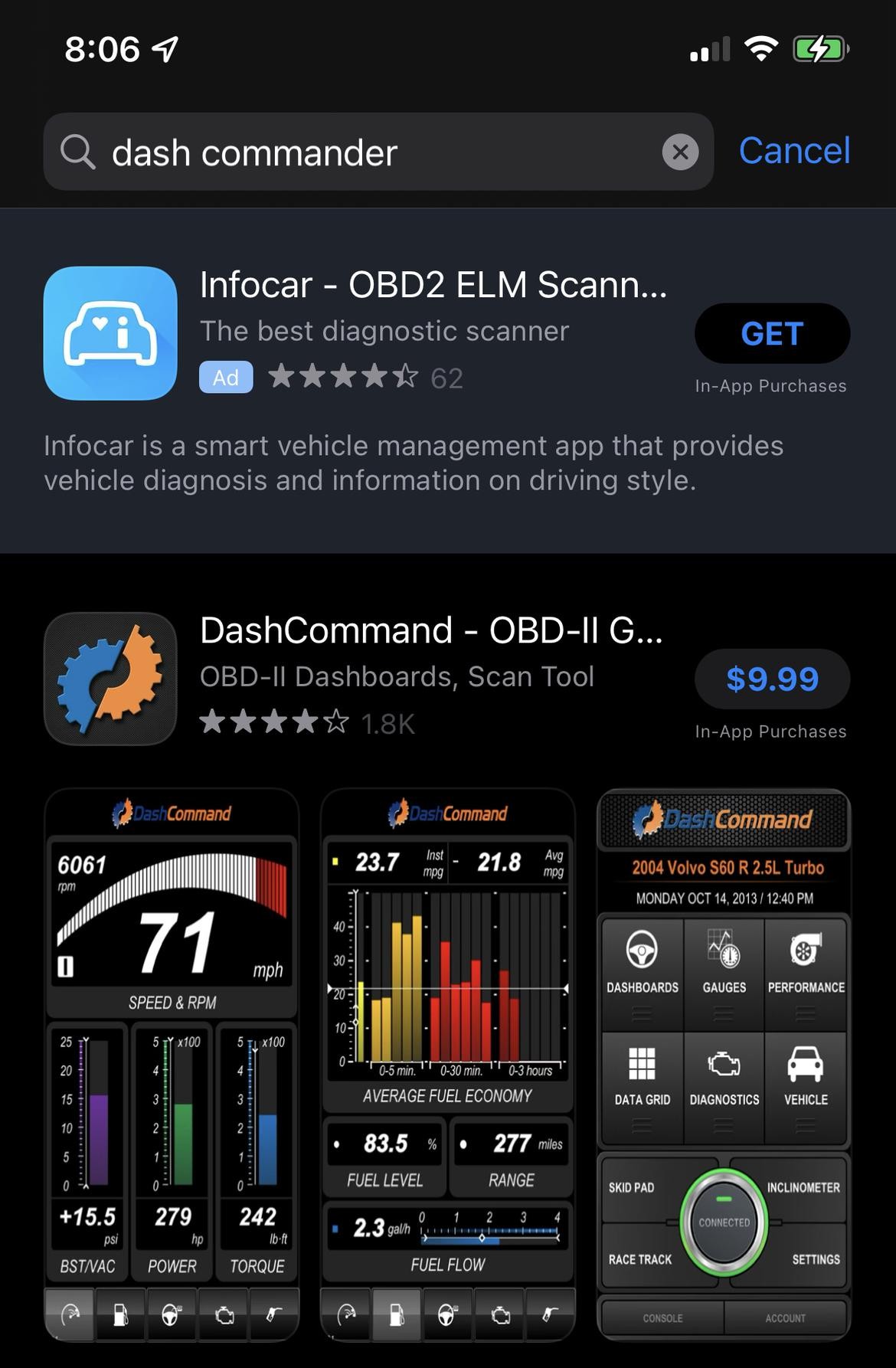 Dash Command OBD2 app interface on iPhone displaying vehicle data.