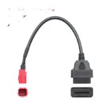 Red Euro5 OBD2 adapter cable for Vespa and Piaggio scooters, highlighting the connector types and cable construction, essential for motorcycle diagnostics