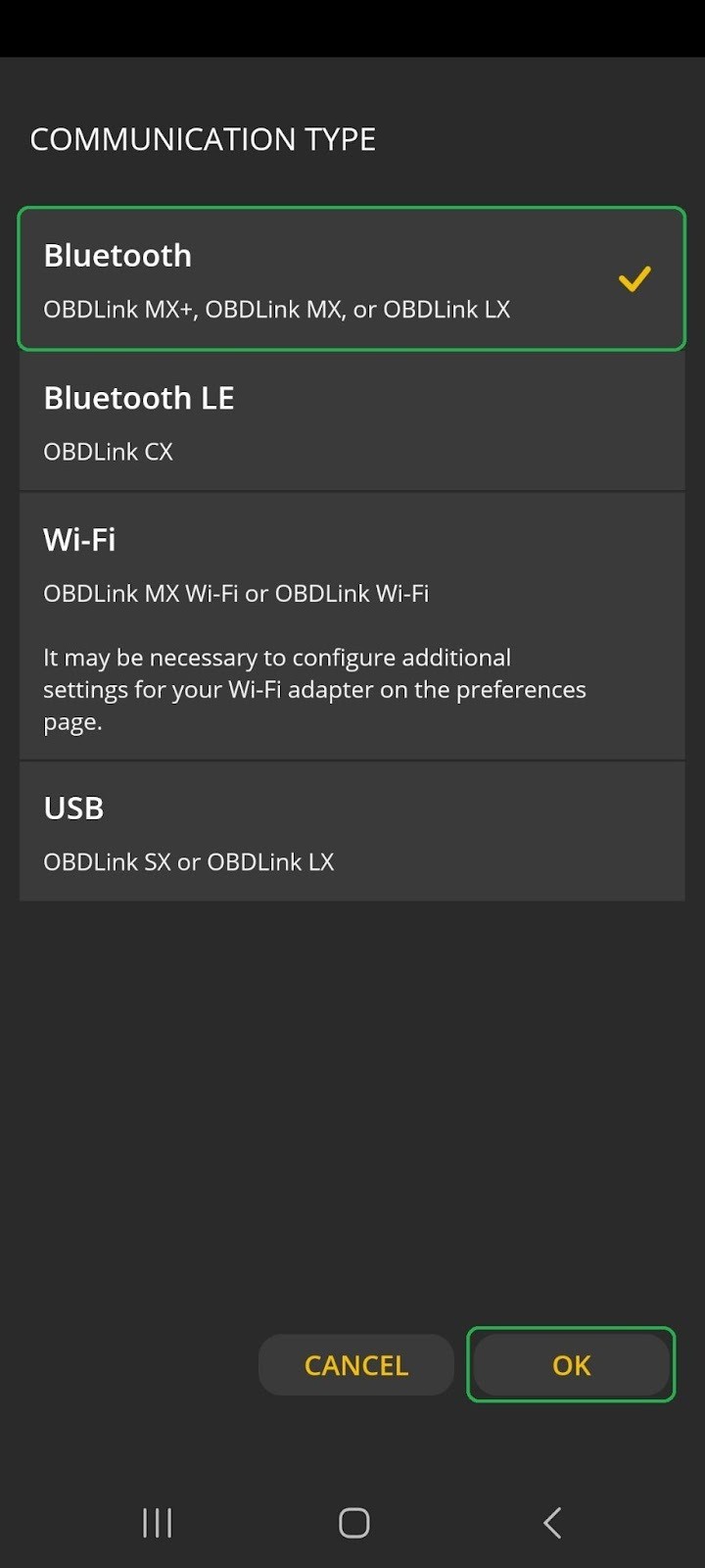 Android Communication Type menu, with Bluetooth option and OK button highlighted in yellow.