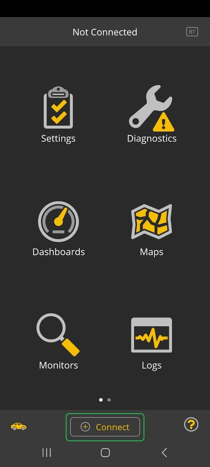 Android home screen with the &quot;Connect&quot; button highlighted in yellow, prompting the user to reconnect to the OBD adapter after firmware update.