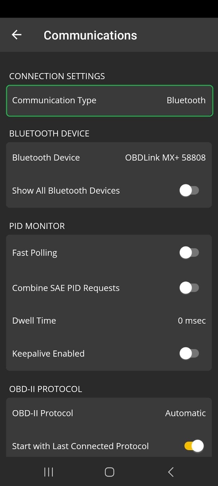 Android Settings Communications menu, highlighting the Connection Settings option in yellow.