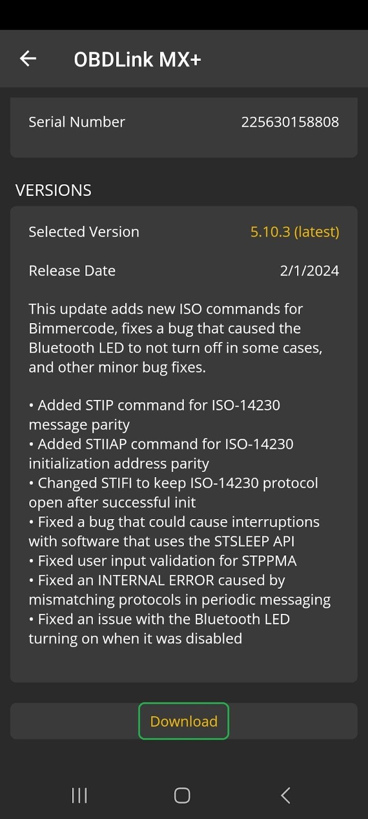 Android Firmware Updates screen showing details of the current and new firmware versions, with the download button highlighted in yellow at the bottom.