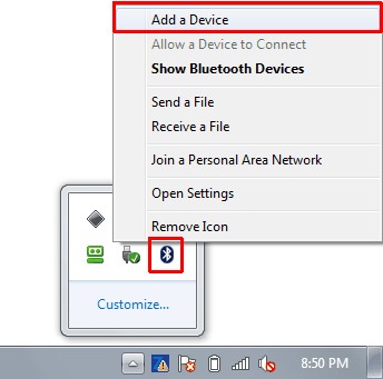 Windows Bluetooth settings to add a device