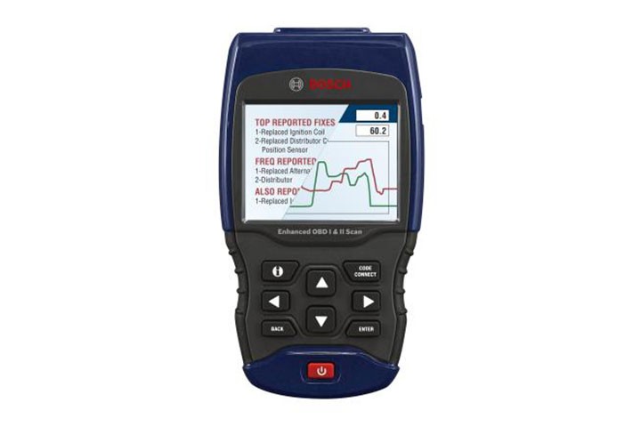 Bosch 1300 OBD easy to use OBD2 scanner in use in a car, showing its handheld design