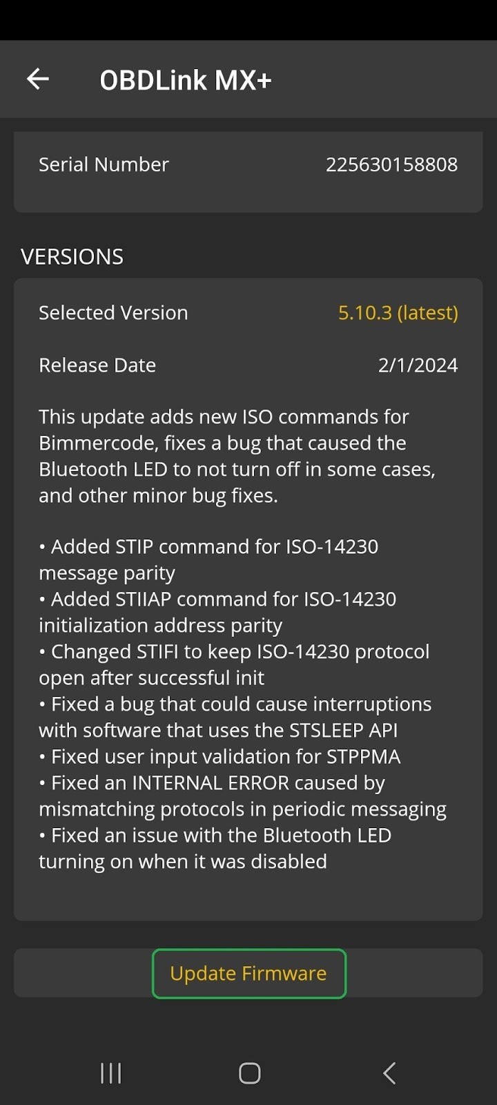 Android Firmware Updates screen with the &quot;Update Firmware&quot; button highlighted in yellow, ready to initiate the firmware installation.