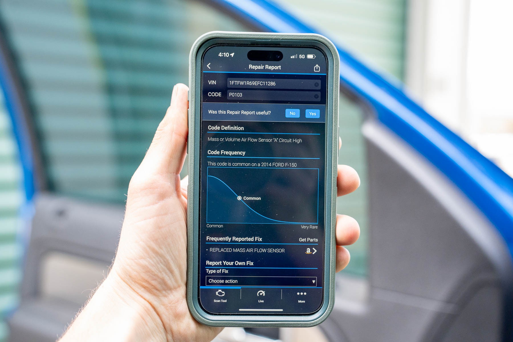 The app interface for an OBD2 scanner viewed on a smartphone screen, demonstrating the user-friendly experience of Bluetooth scanners