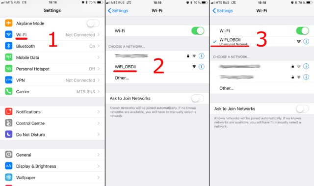 Connecting to OBD2 adapter Wi-Fi on a mobile device, showing iOS and Android examples