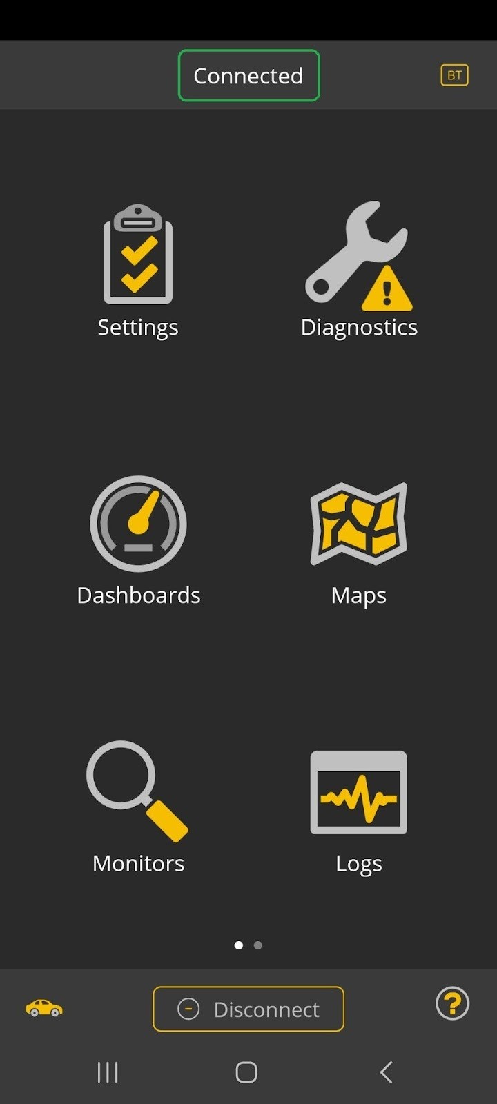 Android home screen showing the OBDLink adapter connected, highlighted with a yellow circle around the connected icon.