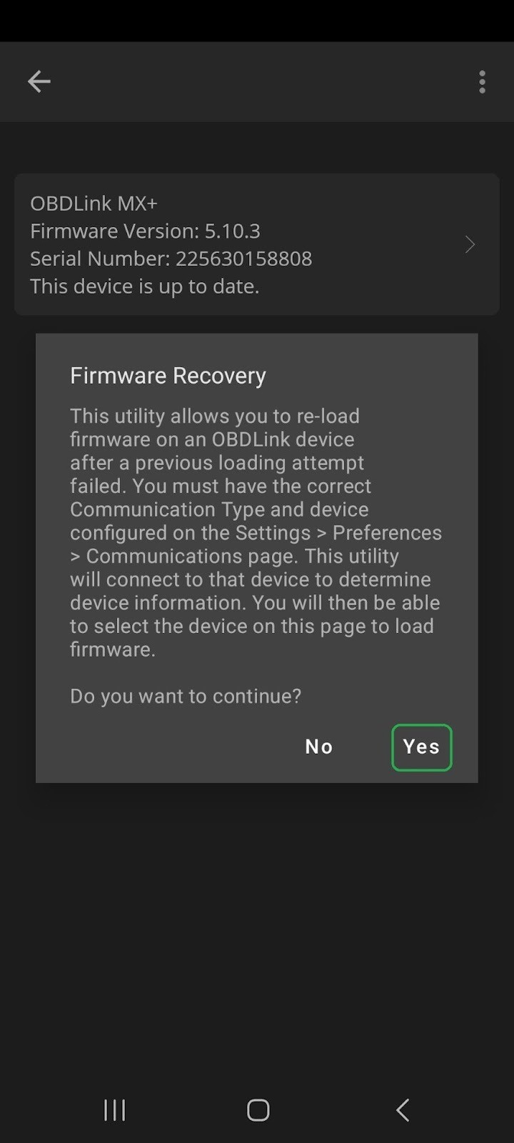 Android Firmware Recovery confirmation screen, with &quot;Yes&quot; button highlighted in yellow.