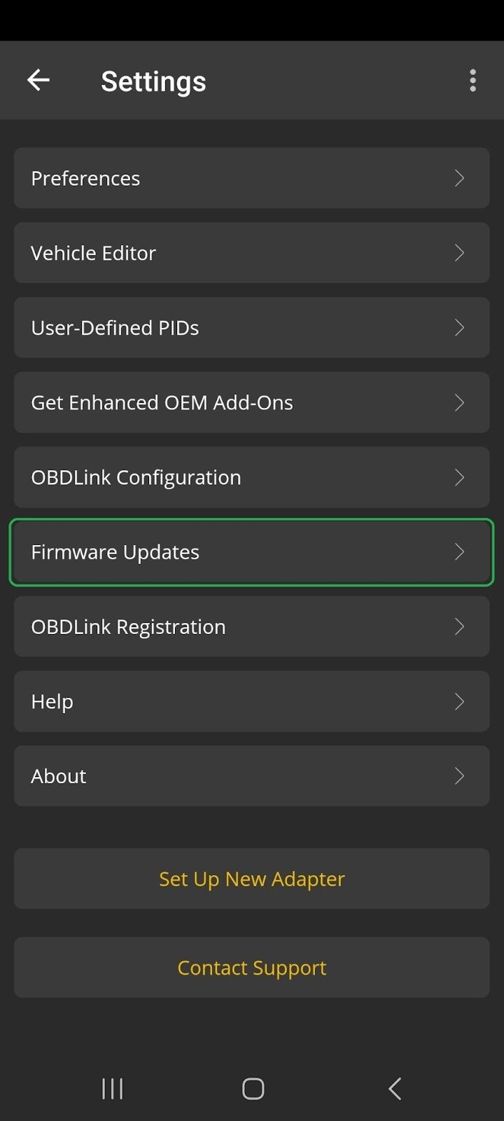 Android Settings menu within the OBDLink App, the Firmware Updates option is highlighted in yellow.