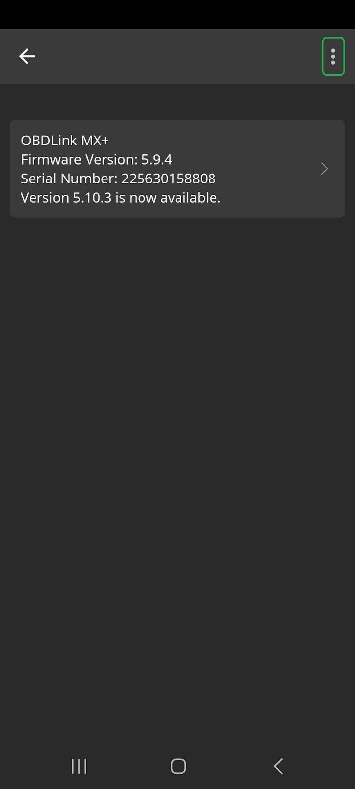 Android Firmware Updates screen in the OBDLink App, highlighting the menu icon (three vertical dots).