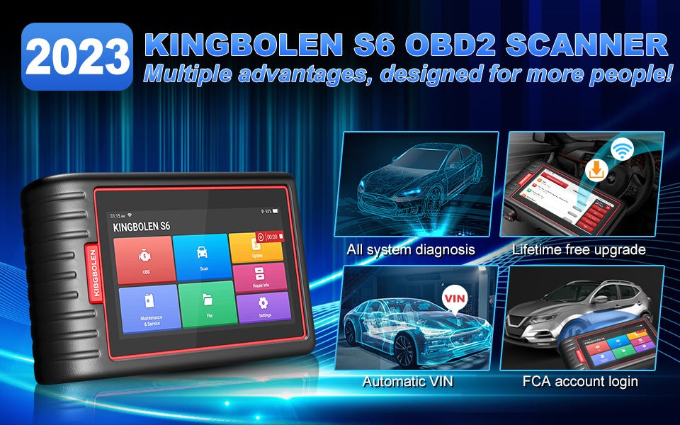 KINGBOLEN S6 all system obd2 scanner with free updates and 28 reset functions displayed on screen.