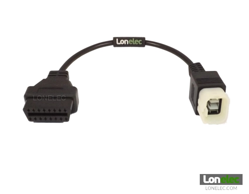 KTM OBD2 diagnostic plug adaptor connecting a standard OBD2 reader to a KTM motorcycle's 6-pin diagnostic port.