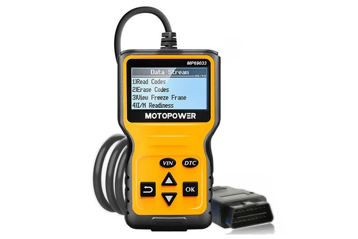 Motopower MP69033 OBD2 Scanner with a clear LCD display showing diagnostic codes