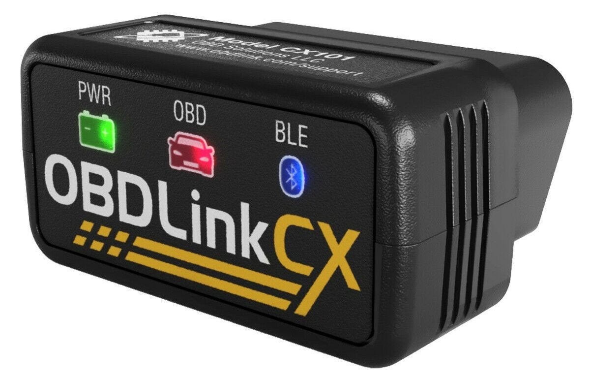 Close-up of OBDLink MX+ Bluetooth OBD2 scanner, showcasing its compact design and brand logo.