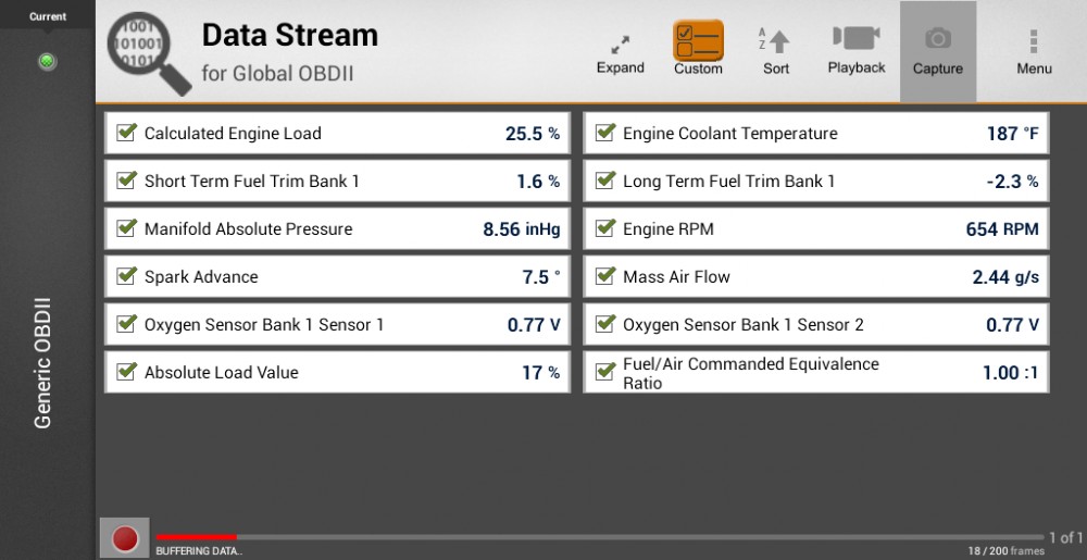 OBD2 data capture from a Mazda 3 showcasing Absolute Load Value and Calculated Load Value at idle