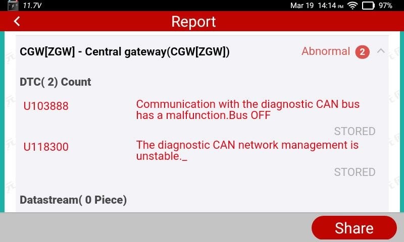 OBD2 Scanner Display Showing Stored Fault Codes