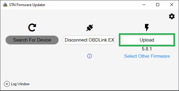 Windows STN Firmware Updater Upload screenshot, showing the &quot;Upload&quot; button highlighted.