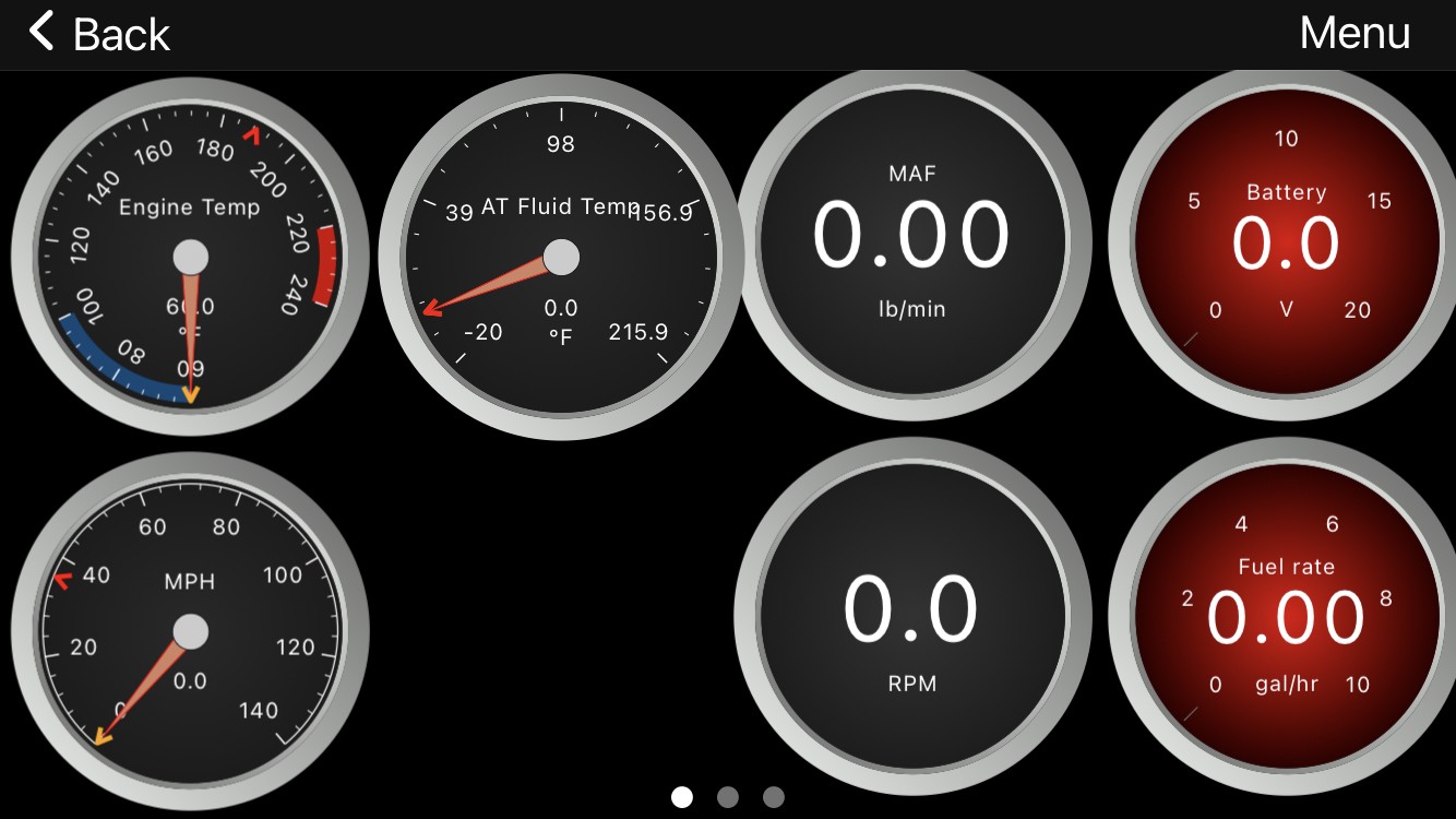 OBD Fusion app displaying AT fluid temperature on an iPhone dashboard