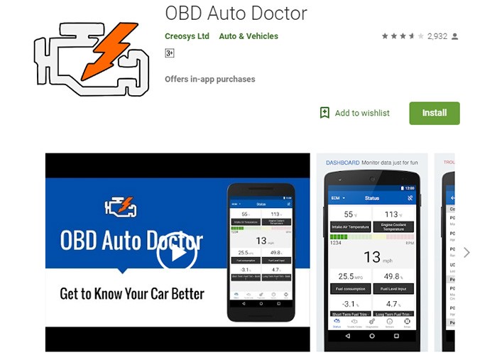 OBD Auto Doctor dashboard interface displaying real-time vehicle sensor data via USB OBD2 connection.